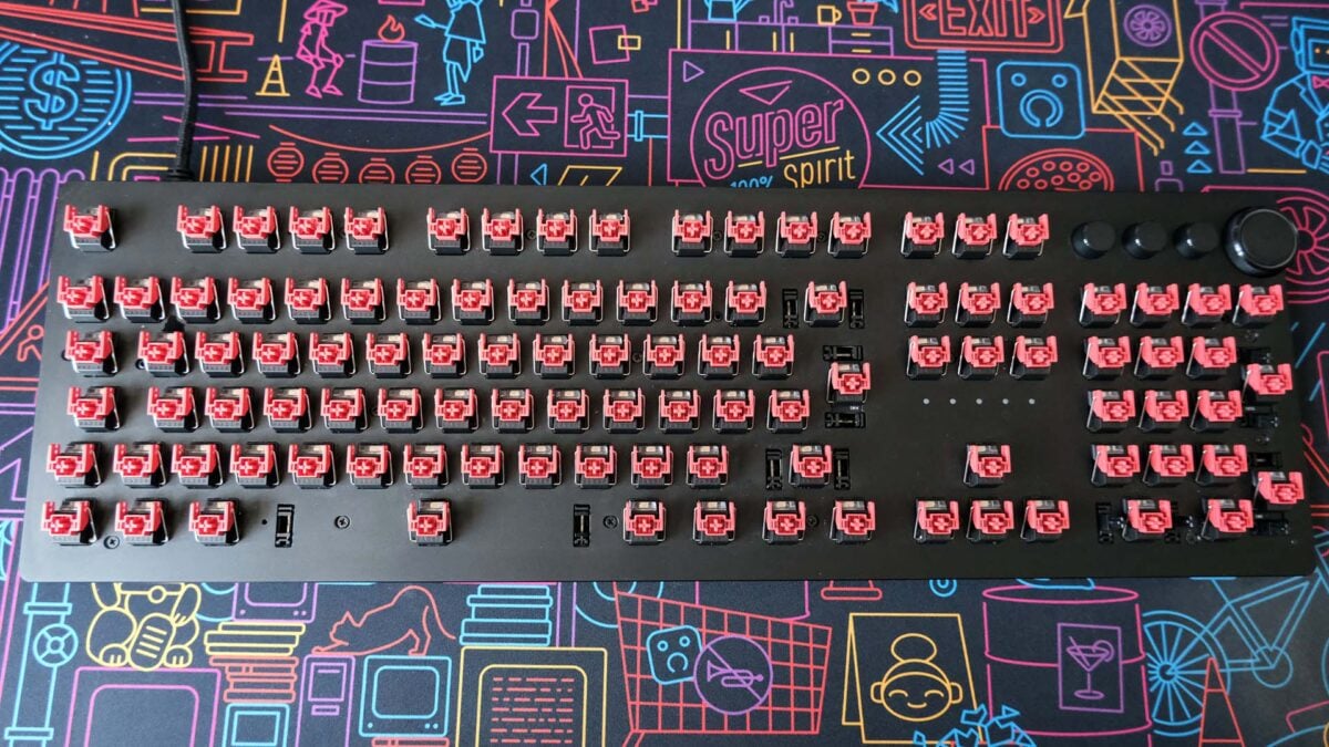 A top-down view of a Razer Huntsman V2 keyboard, keycaps removed, after cleaning.