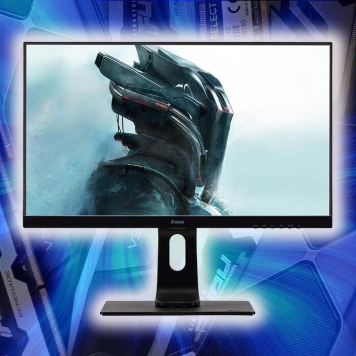 An iiyama monitor, surrounde by a white, against a background of distant RAM and GPUs.