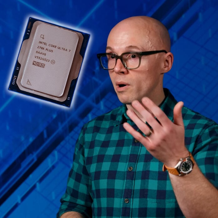 Robert Hallock, VP and GM of the Intel enthusiast channel (right), next to a floating Core Ultra 7 270K Plus processor (left).