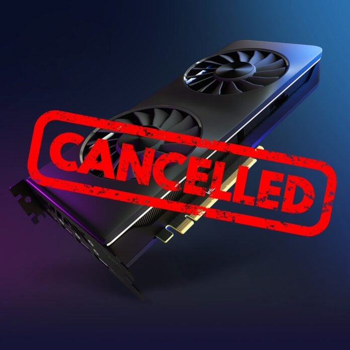An Intel Arc graphics card, floating in a purple-blue space, with a 'cancelled' stamp over it.