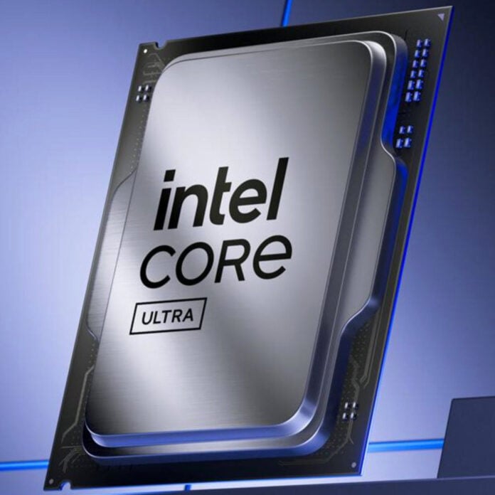 A 3D render of an Intel Core Ultra processor.