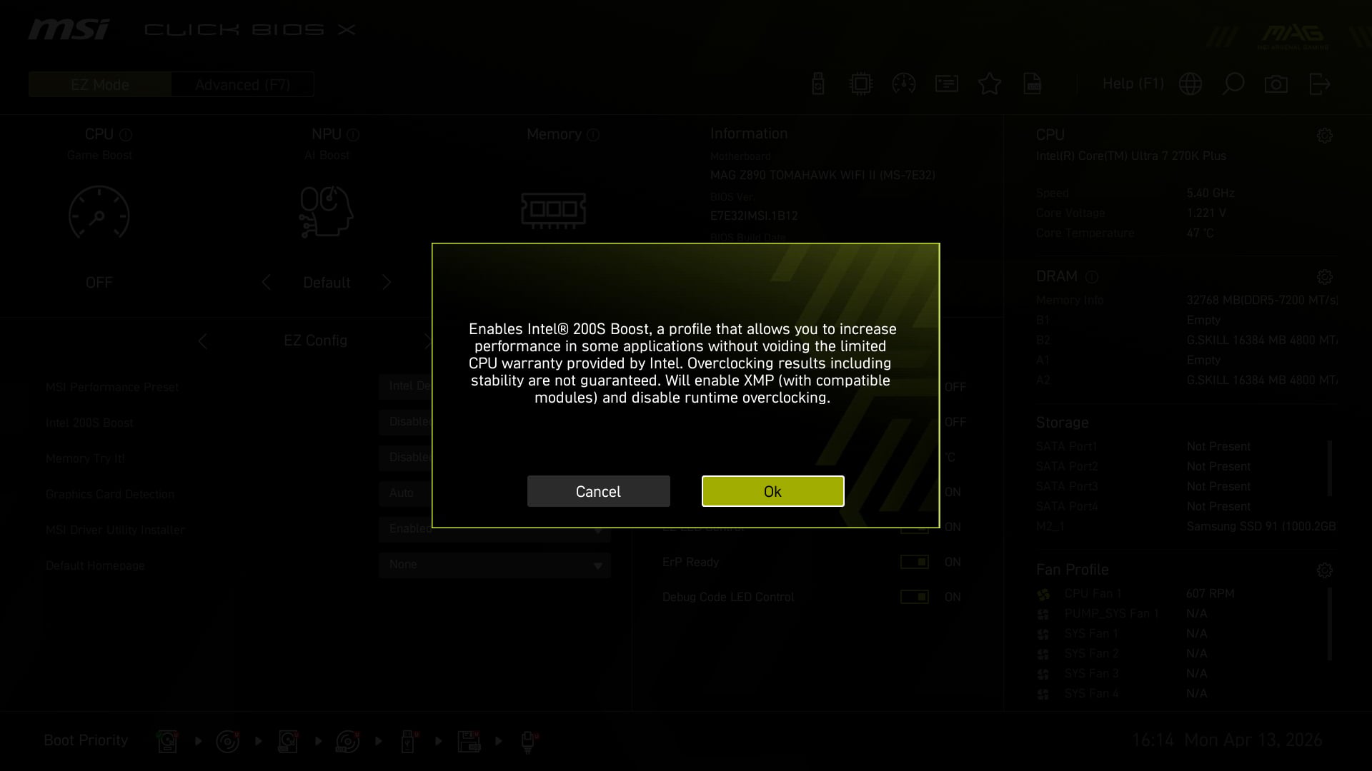 A screenshot from an MSI MAG Z890 Tomahawk WiFi II BIOS, detailing the changes Core 200S Boost makes.