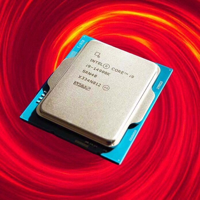 Intel Core i9-14900K Raptor Lake CPU on red background