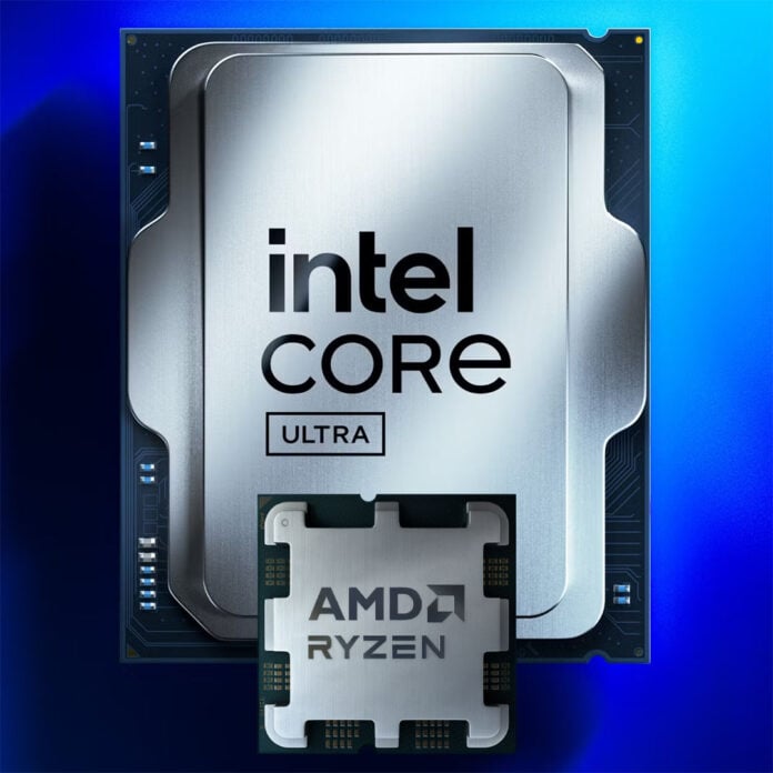 A large Intel Core Ultra processor looms over a saller AMD Ryzen CPU.
