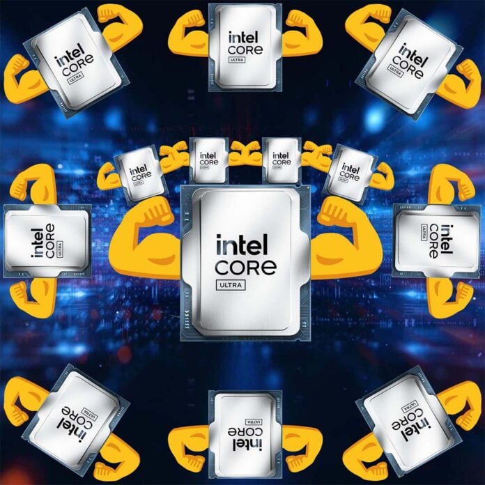 A group of 13 Intel core Ultra processors, with flexed muscular arms.