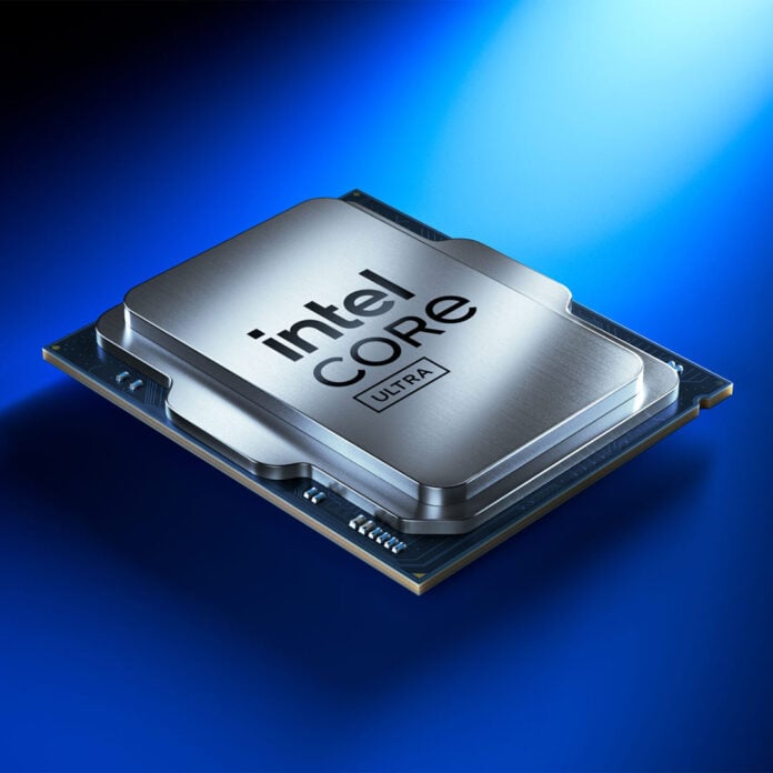 An Intel Core Ultra processor, lying down against a blue backdrop.