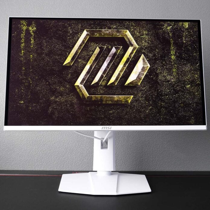 The MSI MAG 272QPW QD-OLED X28 monitor, displaying the MAG logo.