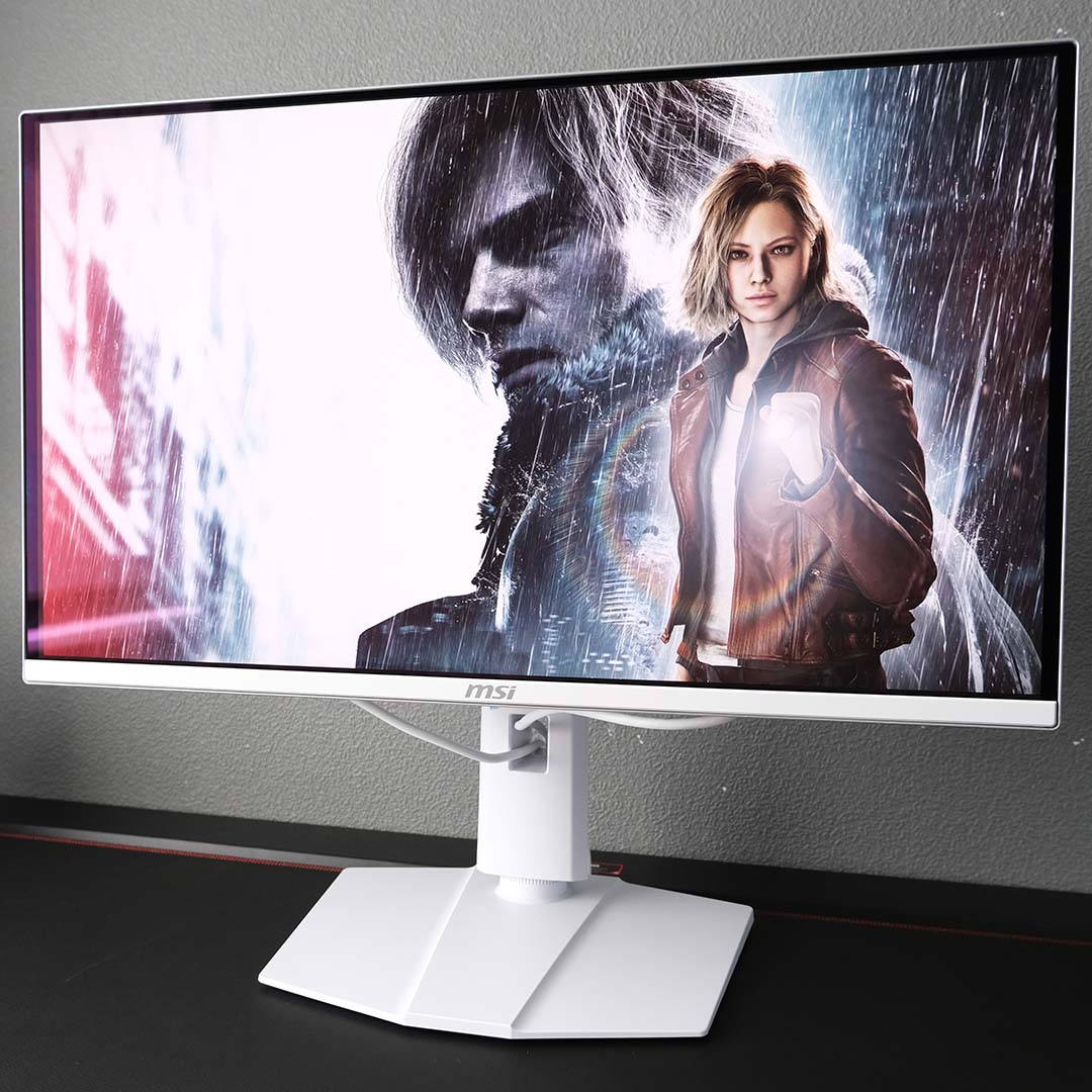 The MSI MAG 272QPW QD-OLED X28 monitor, displaying a Resident Evil Requiem wallpaper.