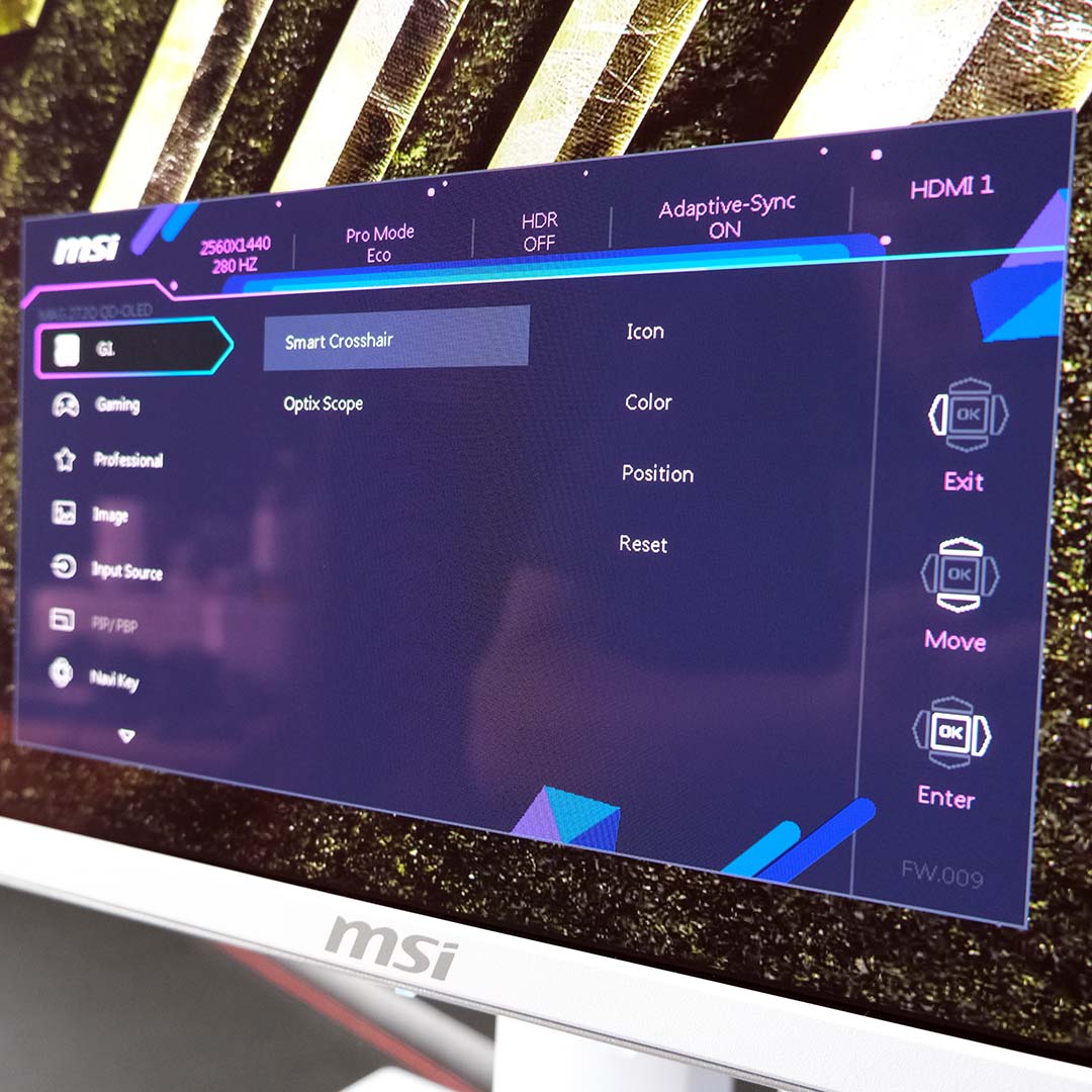 A close-up of the OSD on the MSI MAG 272QPW QD-OLED X28 monitor.