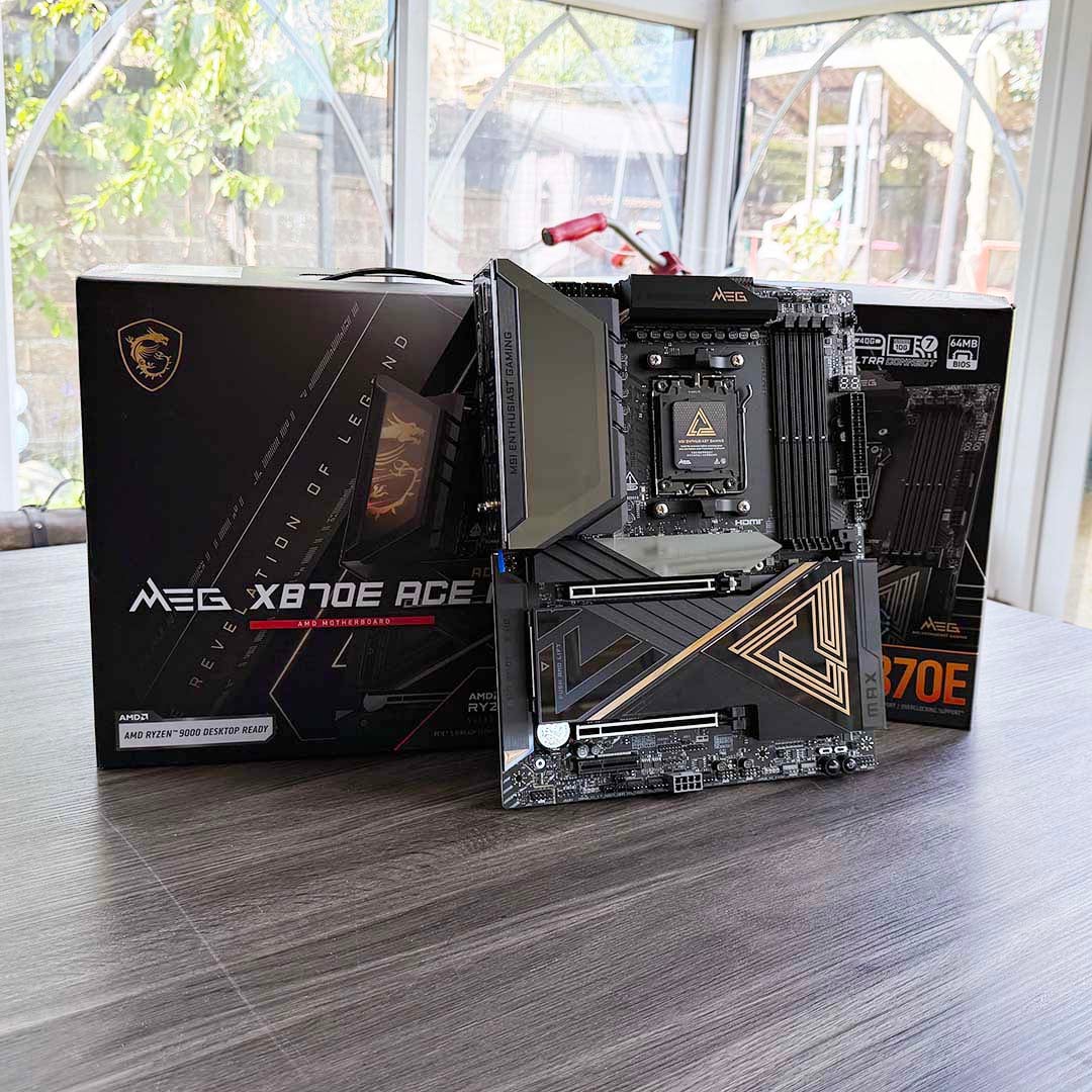 MSI Meg X870E Ace Max motherboards and their boxes