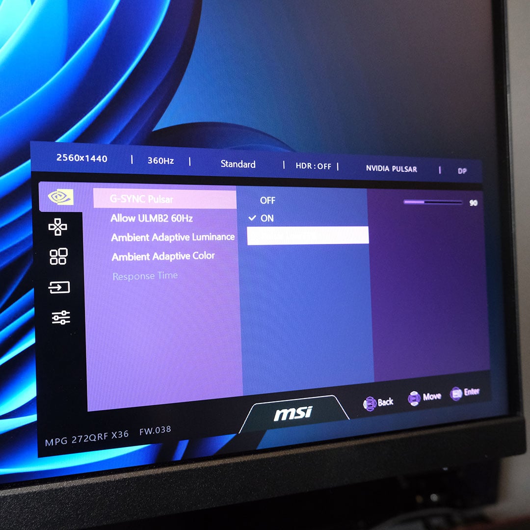 A close-up of the on-screen display for the MPG 272QRF X36 monitor.
