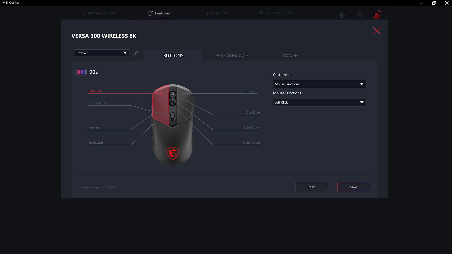 A screenshot of the MSI Versa 300 software controls in MSI Center.