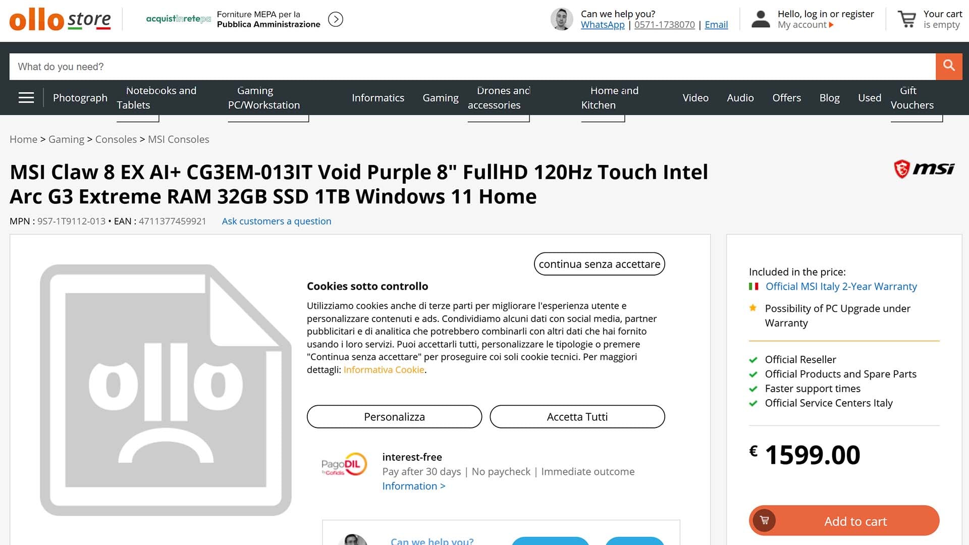 MSI Claw 8 EX AI+ handheld listing at Ollo