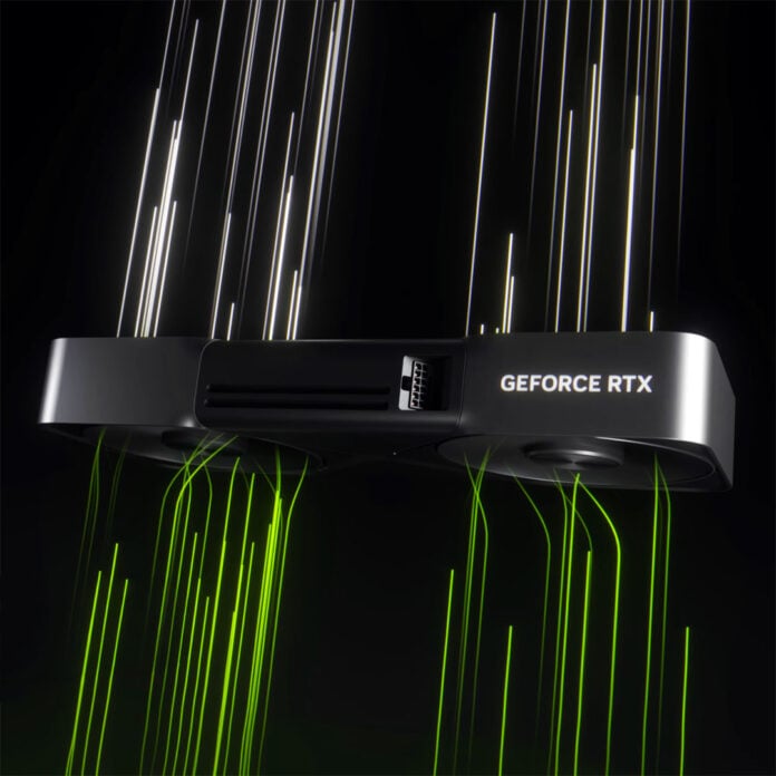 A GeForce RTX Founders Edition graphics card, floating against a black backdrop, with green light flowing into it, white light flowing out.