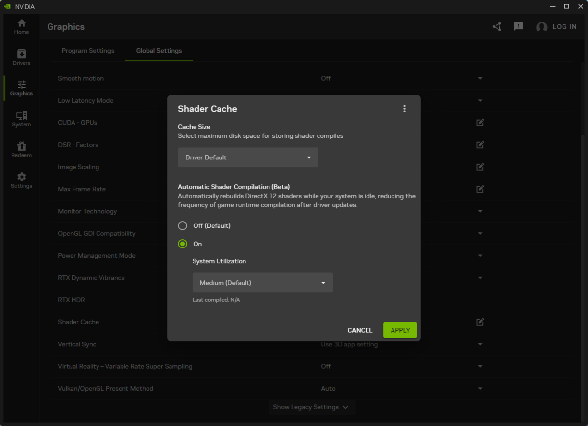 A screenshot of the Nvidia app, highlighting the 'Shader Cache' feature.
