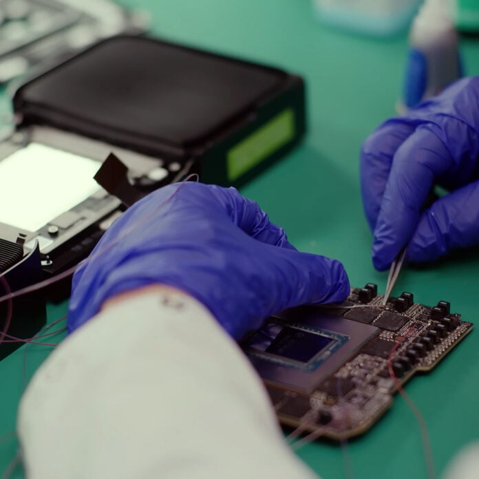 A pair of hands, working on an Nvidia GeForce RTX 5090 Founders Edition PCB.