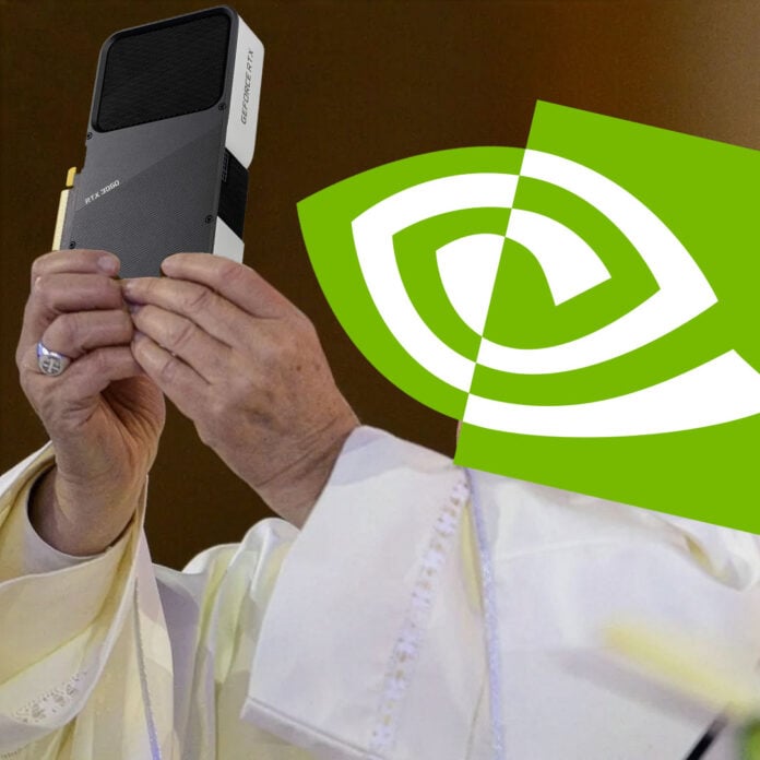 A picture of Pope Leo, with his face replaced with an Nvidia logo, holding up an Nvidia RTX 3060 Founders Edition mock up.