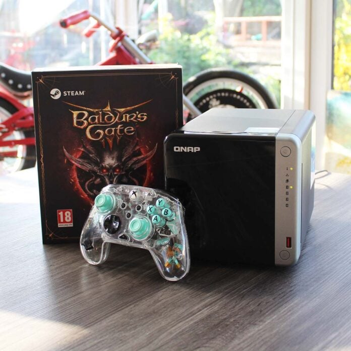 QNAP NAS with gamepad and Baldur's Gate 3 box