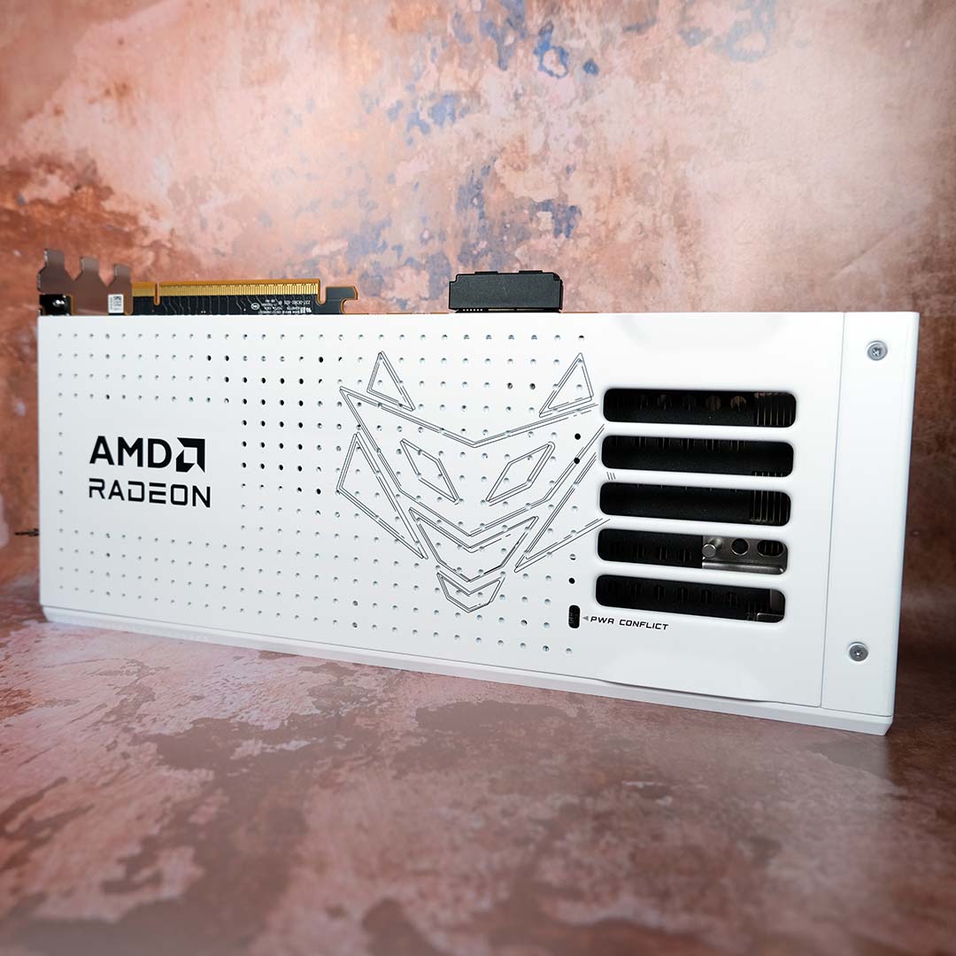 The rear of the Nitro+ Radeon RX 9070 XT PhantomLink Edition, backplate installed.