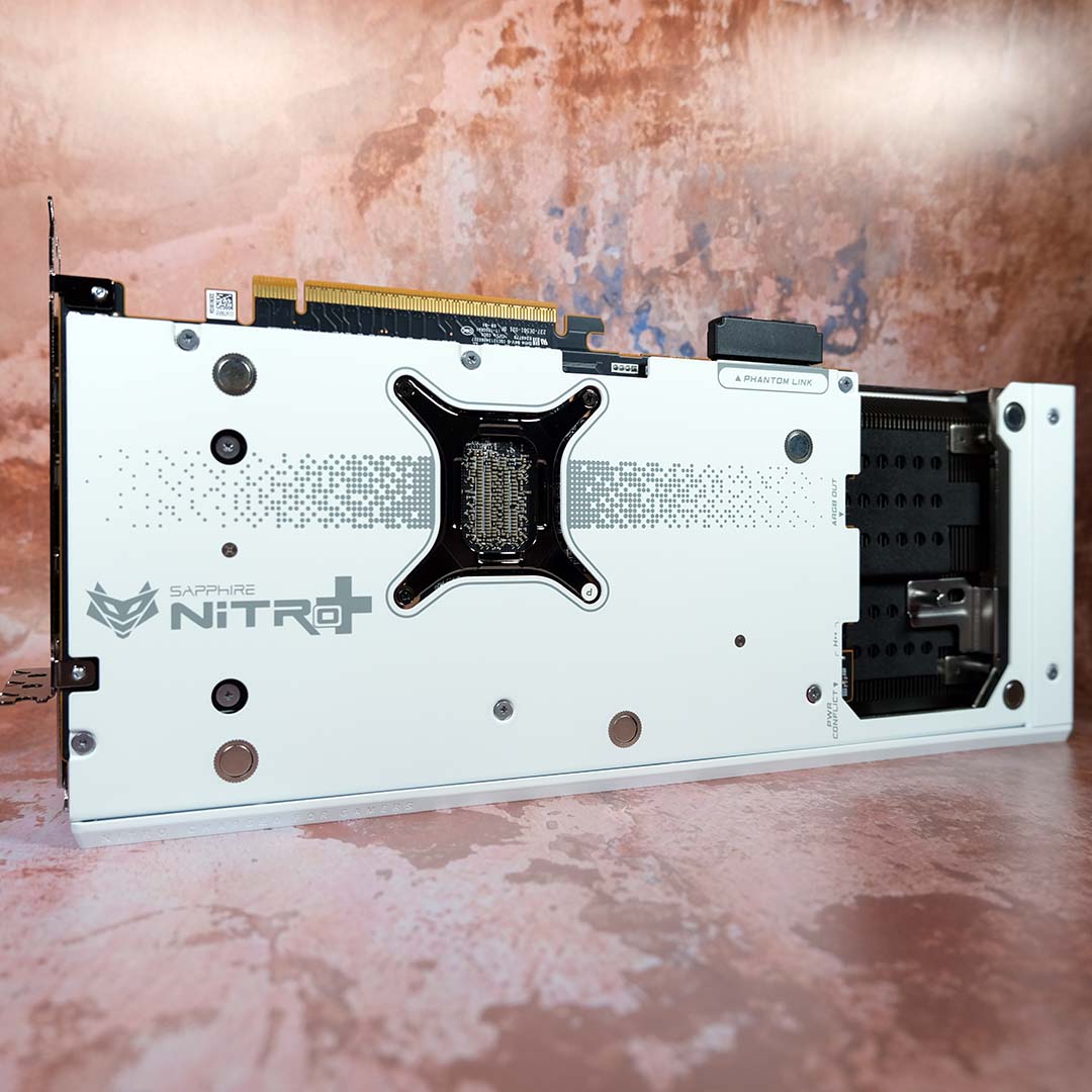 The rear of the Nitro+ Radeon RX 9070 XT PhantomLink Edition, backplate uninstalled.