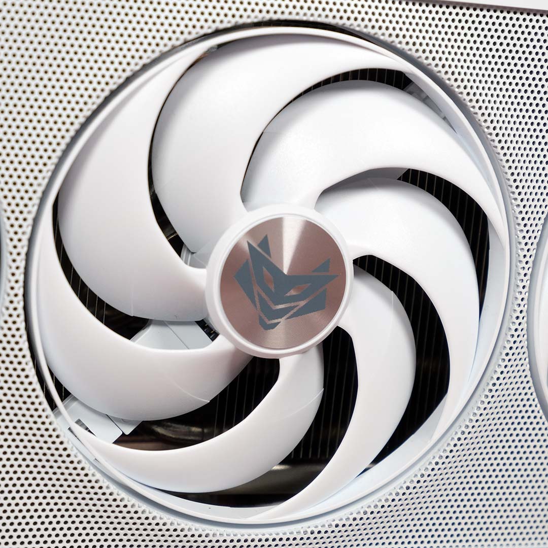 A close-up of a fan on the Nitro+ Radeon RX 9070 XT PhantomLink Edition.