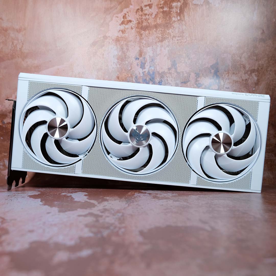 The Nitro+ Radeon RX 9070 XT PhantomLink Edition standing upright.