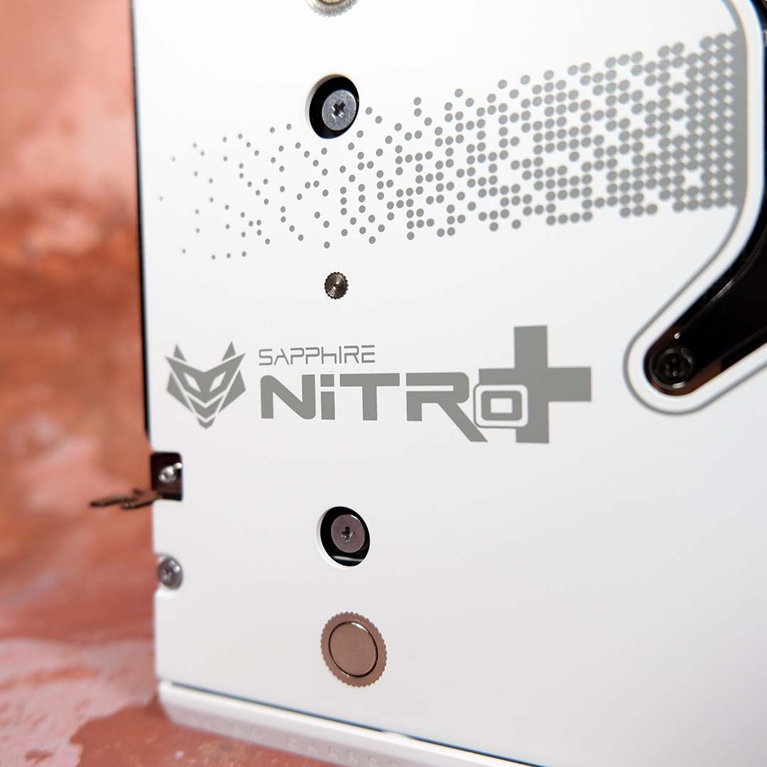 A close-up of the logo on the rear of the Nitro+ Radeon RX 9070 XT PhantomLink Edition.