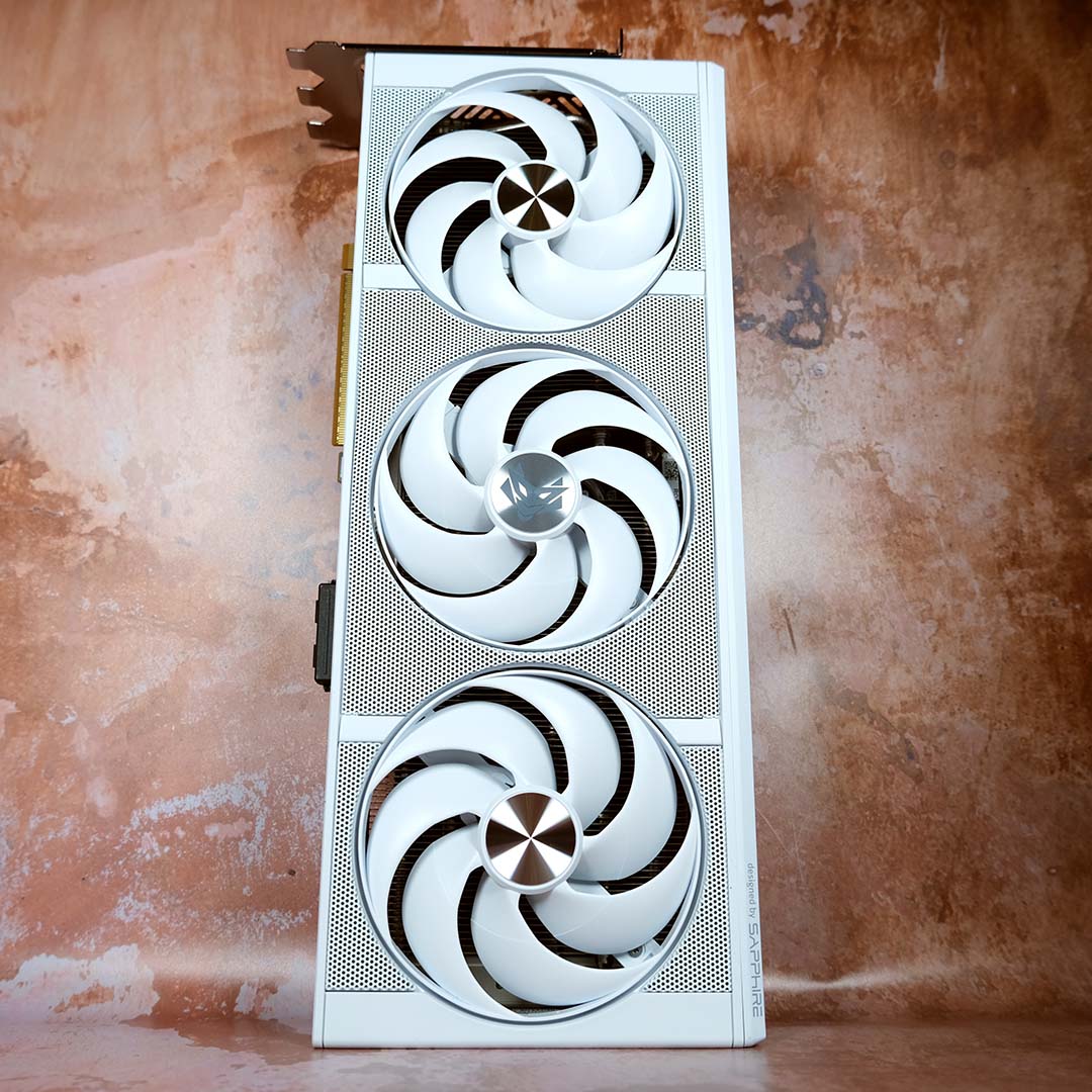 The Nitro+ Radeon RX 9070 XT PhantomLink Edition stands vertically.