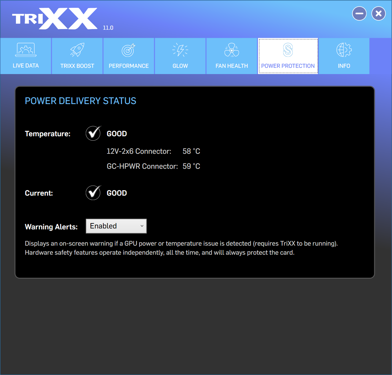A screenshot of Sapphire TriXX, detailing the temperature of a system's 12V-2x6 and GC-HPWR connectors.