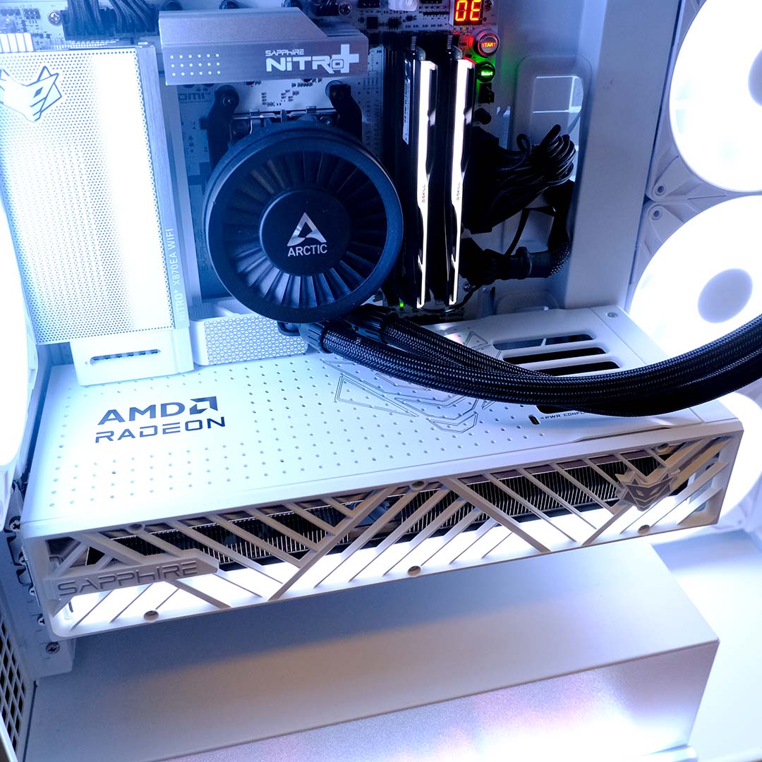The Nitro+ Radeon RX 9070 XT PhantomLink Edition sits inside a PC.