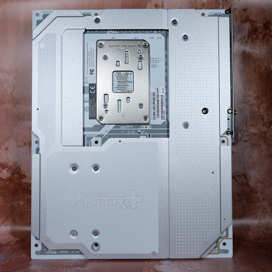 The Sapphire Nitro+ X870EA PhantomLink Polar Edition's backplate.
