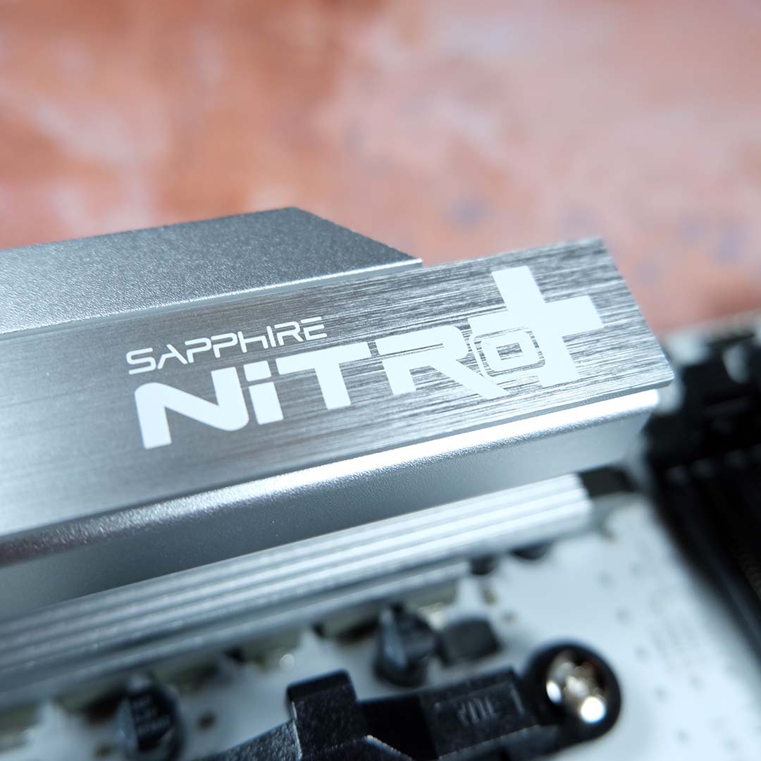 A close-up of the logo on the Sapphire Nitro+ X870EA PhantomLink Polar Edition's VRM.