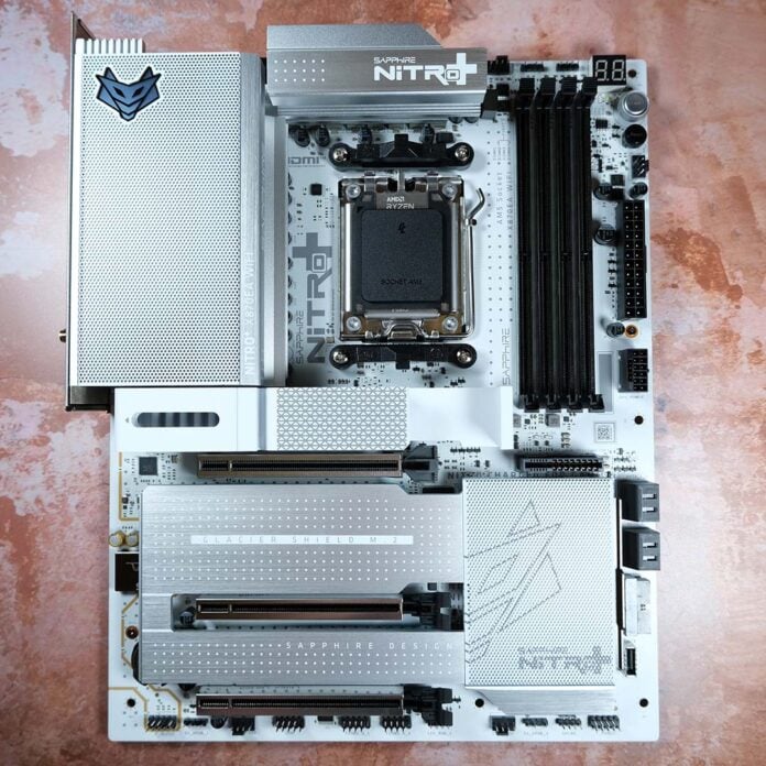 A top-down view of the Sapphire Nitro+ X870EA PhantomLink Polar Edition.
