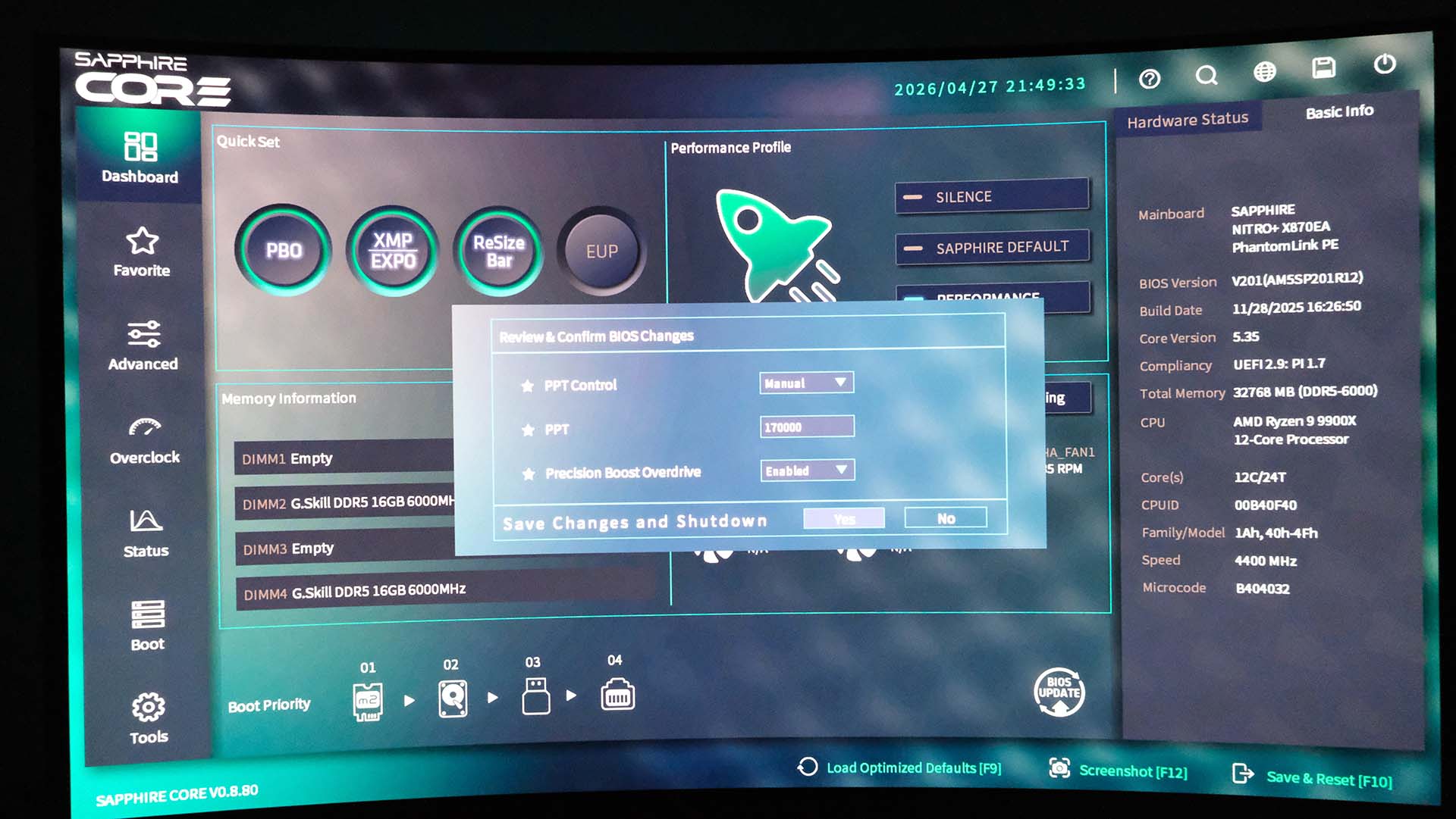 A picture of Sapphire Core BIOS running on the Nitro+ X870EA PhantomLink, detailing the changelog of 'Performance Mode'.