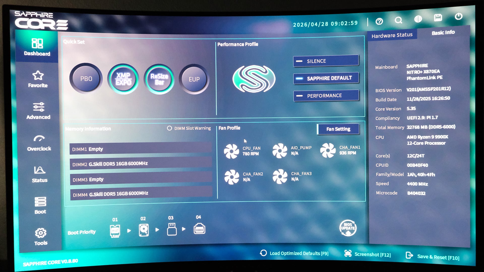 A picture of Sapphire Core BIOS running on the Nitro+ X870EA PhantomLink.