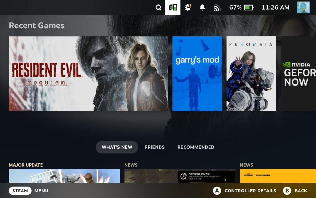 A screenshot of a Steam Deck homepage, with the controller battery notification highlighted.