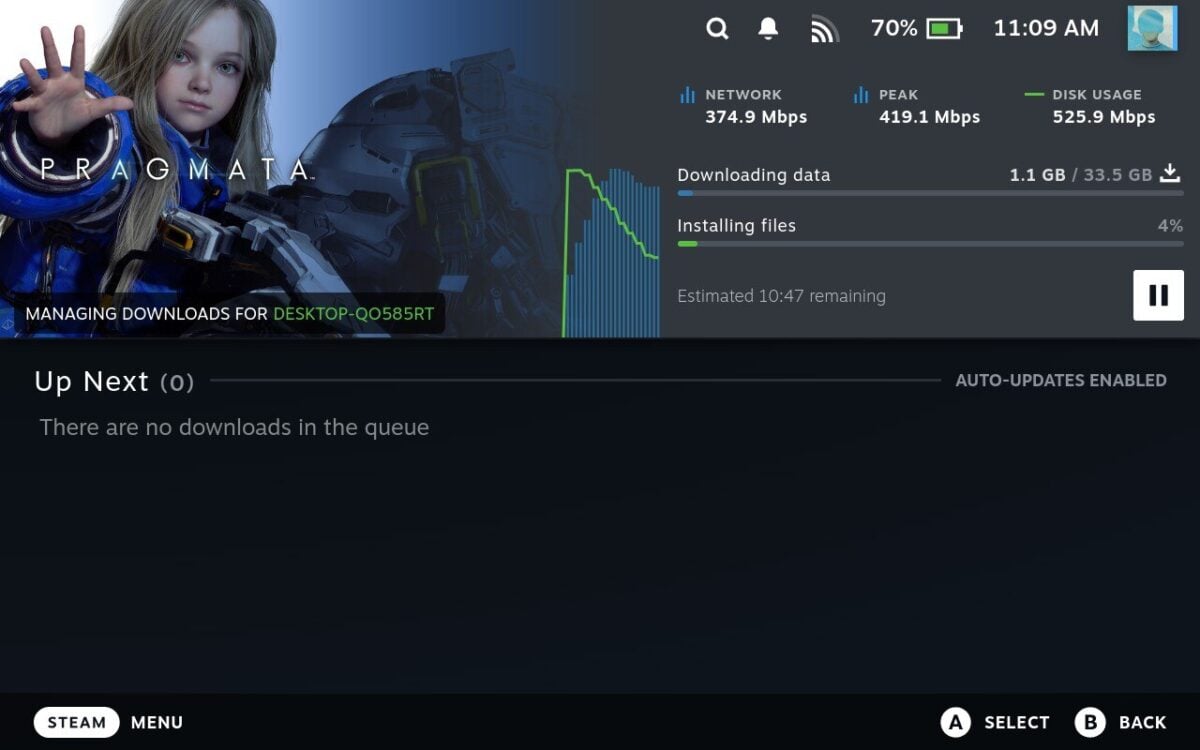 A screenshot of a Steam Deck download, managing the installation of a game on another PC.