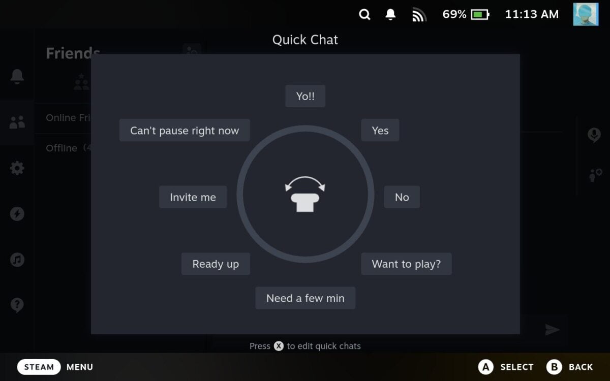 A screenshot of a Steam Deck quick chat menu.