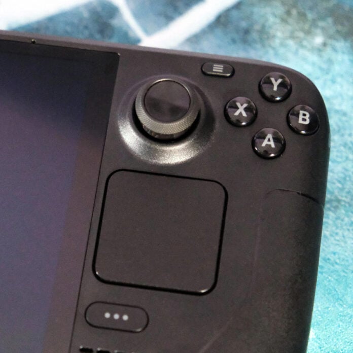 A close-up of a Steam Deck OLED.