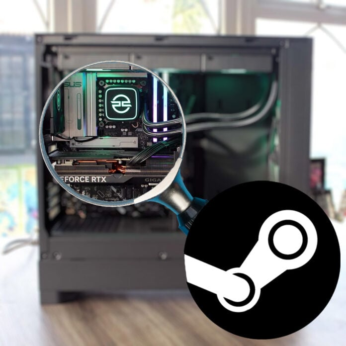 A Steam logo, holding a magnifying glass, over the internals of a gaming PC.