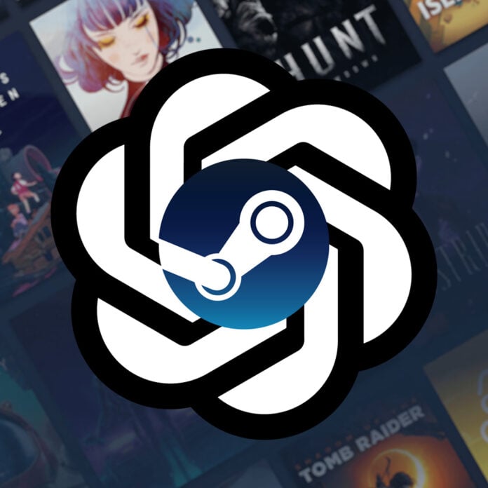A Steam logo, on top of a ChatGPT logo, against the backdrop of a Steam library.
