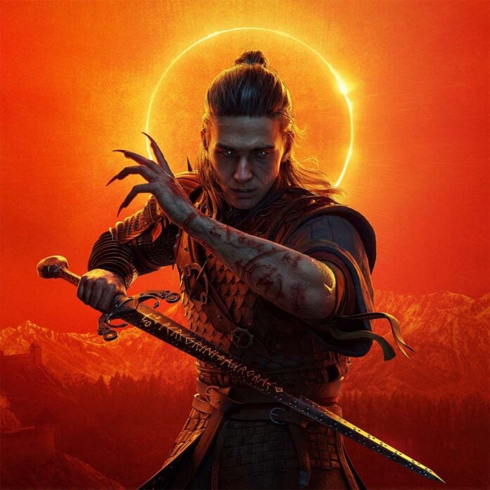 The Blood of Dawnwalker protagonist, Coen, readies his blade against an eclipsed sun.