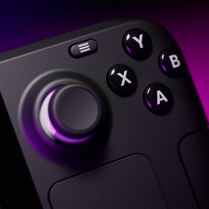 A close up of a Steam Deck's face buttons and right analogue stick.