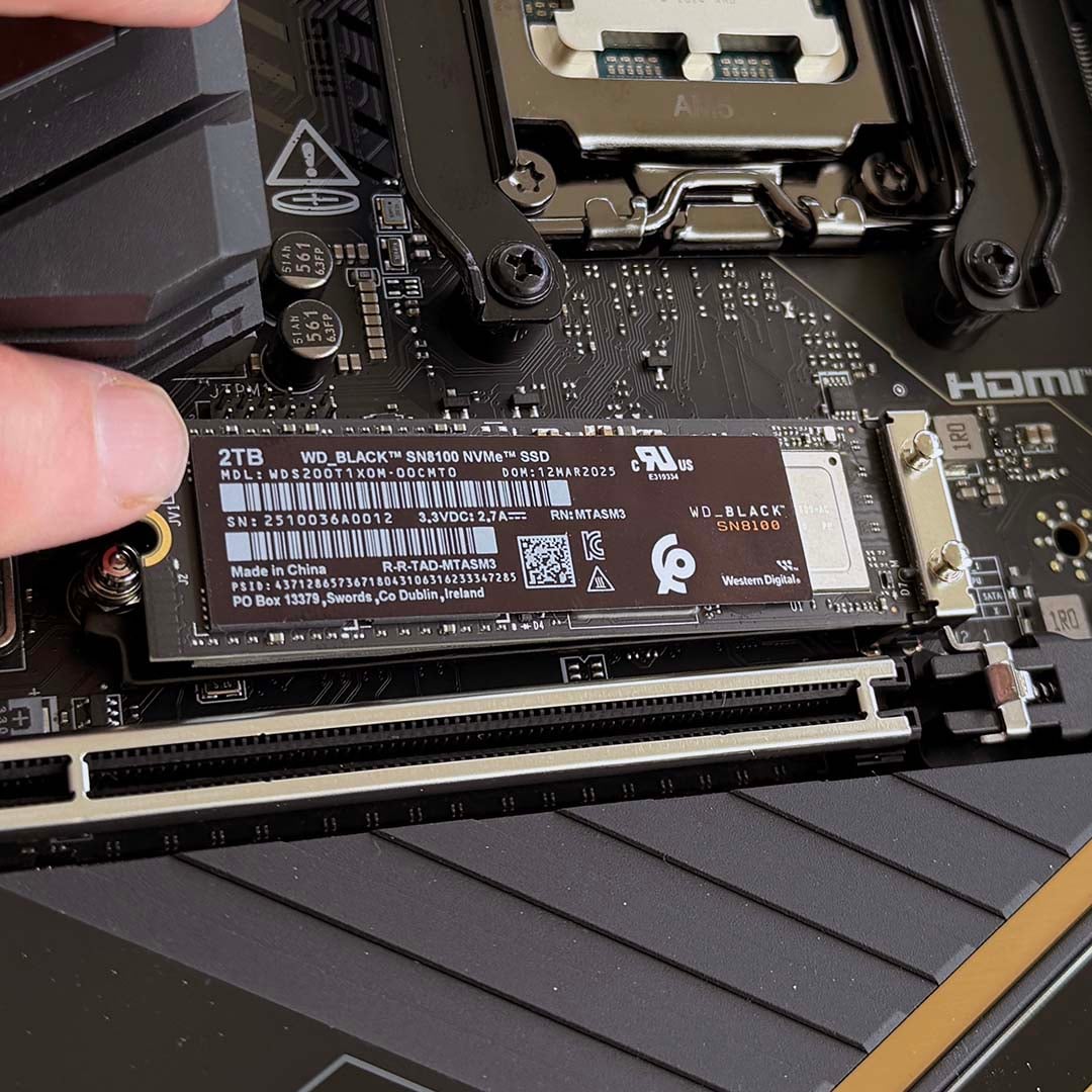 WD_Black SN8100 2TB SSD installed in an MSI Meg X870E Ace Max motherboard