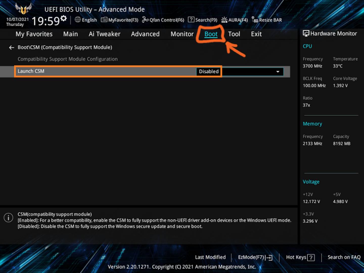 BIOS CSM setting.