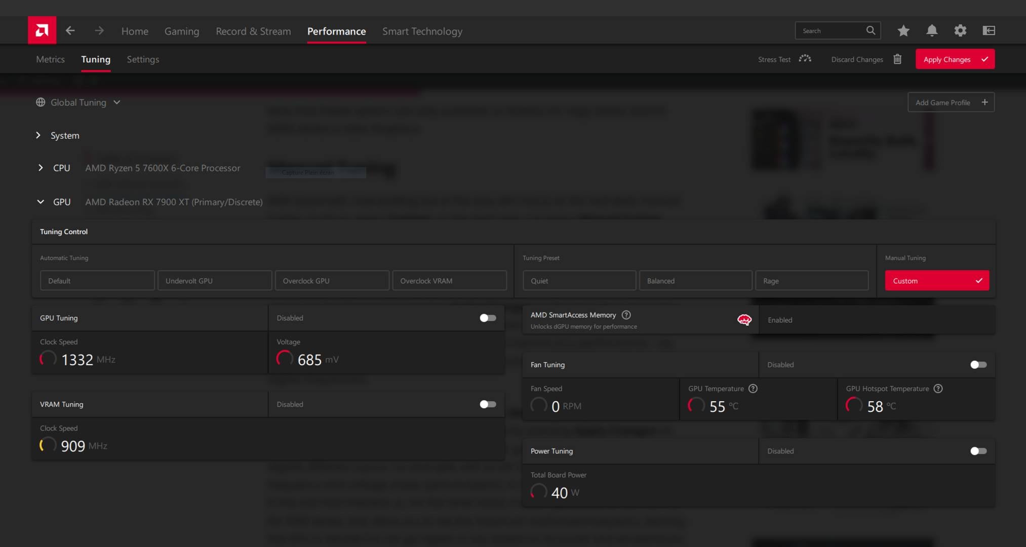 Custom settings menu.