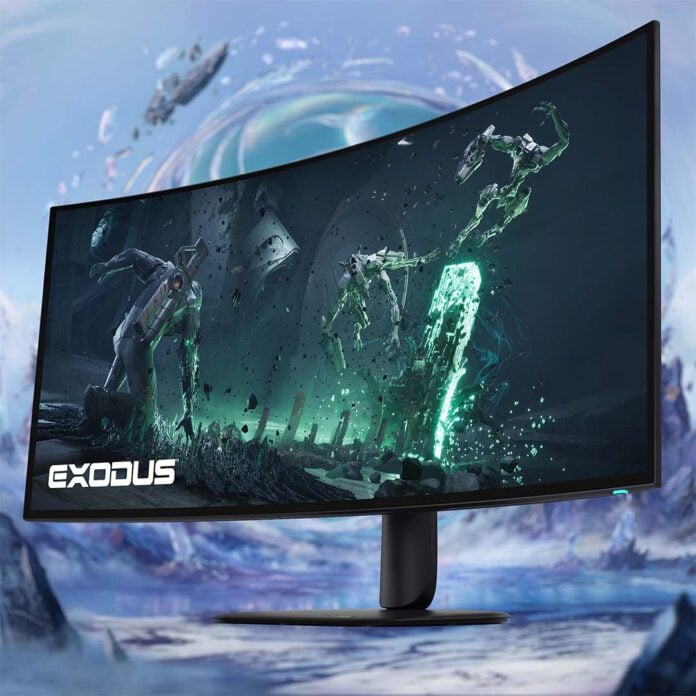 An Alienware AW3926QW monitor, against an out of focus white backdrop.