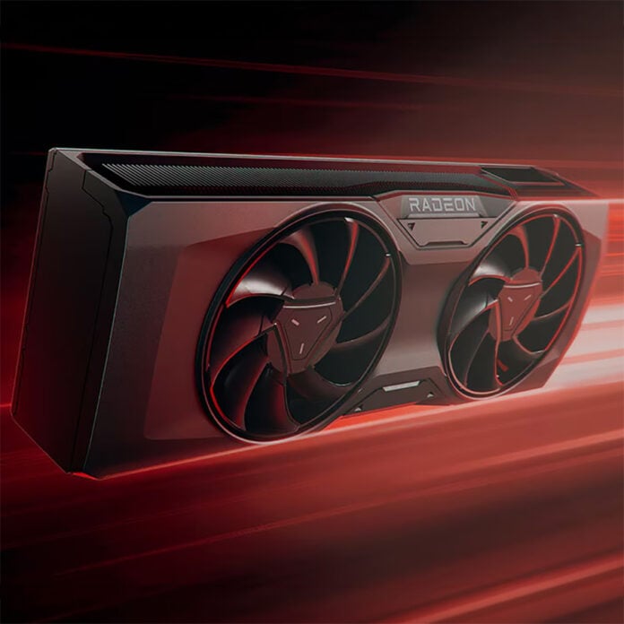 An AMD reference graphics card, flies through a field of red and black light.