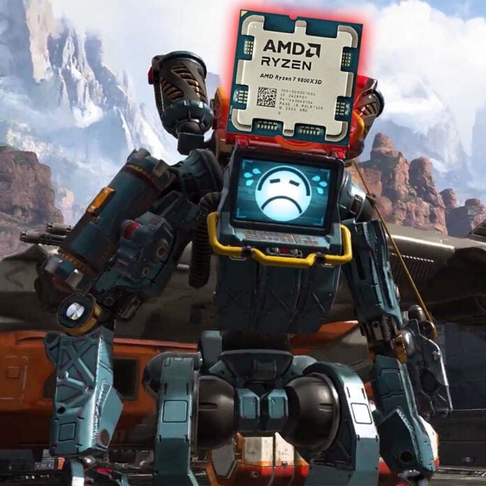 An AMD Ryzen 7 9800X3D CPU, replacing the head of an Apex Legend character.