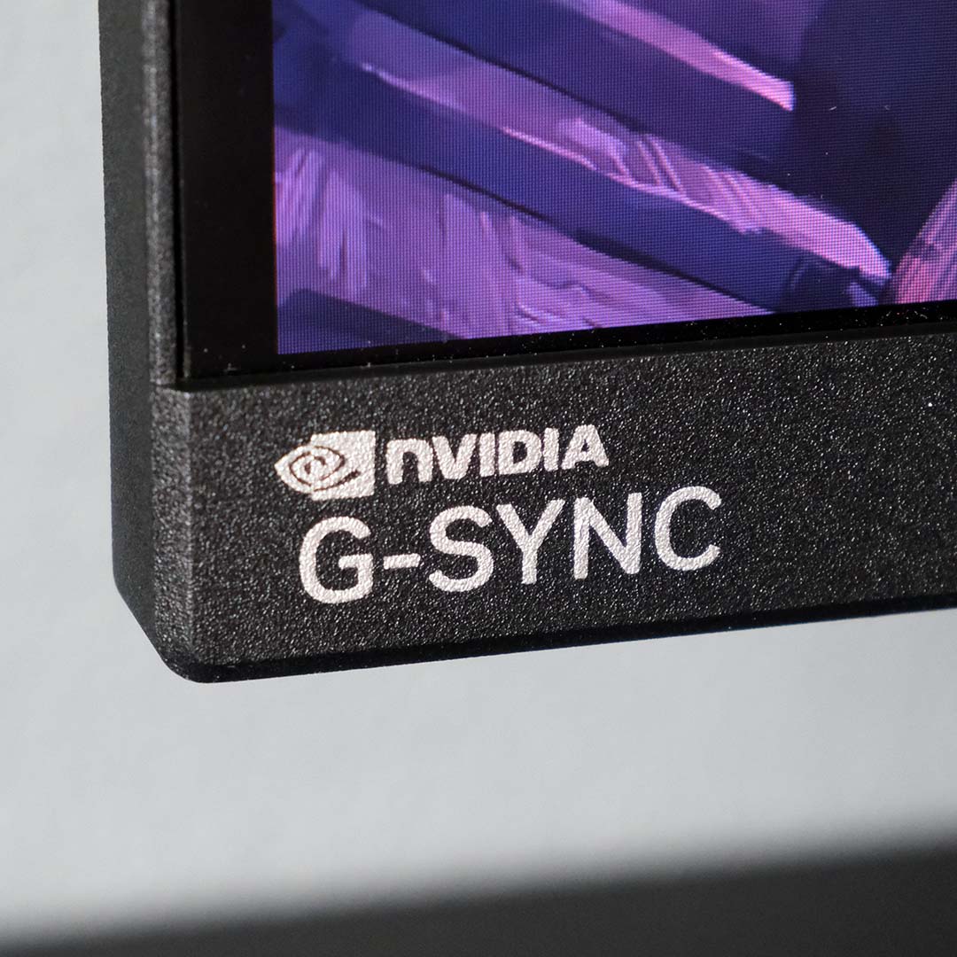 A close-up of the Nvidia G-Sync logo printed on the AOC Agon Pro AG276QSG2.